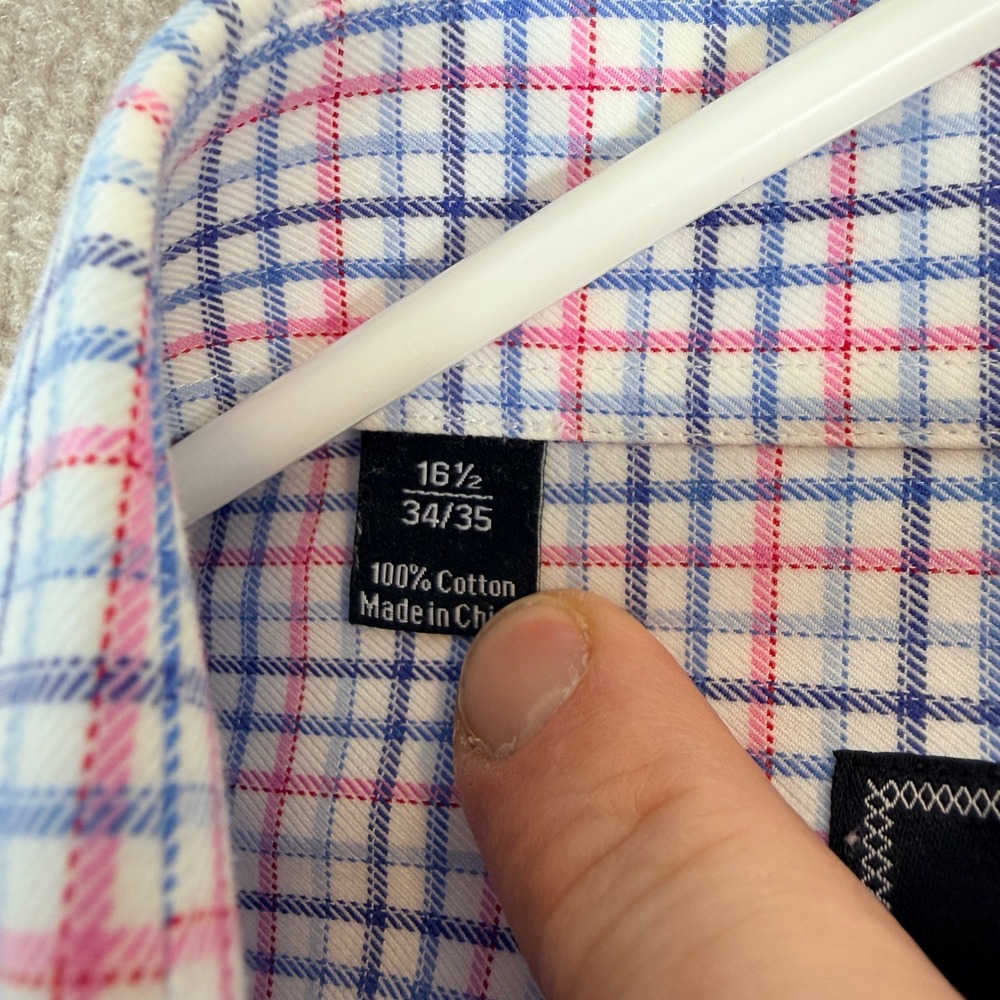 David Donahue Mens Dress Shirt 16 1/2 34/35 Blue Pink Plaid Cotton Trim Fit - Picture 3 of 15